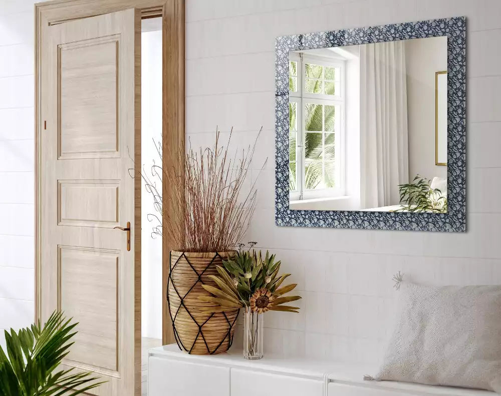 Oglindă decorativă de perete dreptunghiulară cu model floral albastru