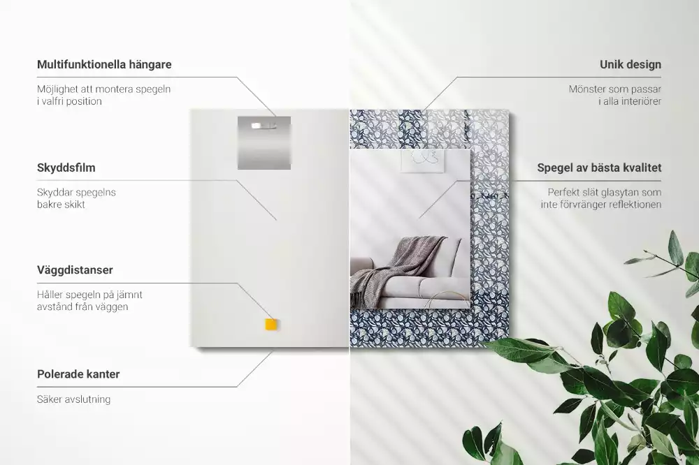 Oglindă decorativă de perete dreptunghiulară cu model floral albastru