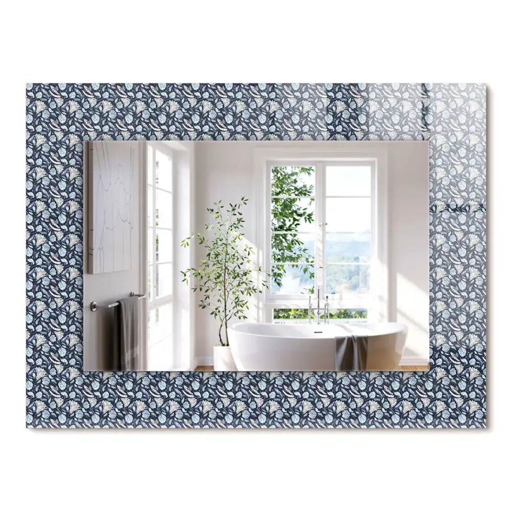 Oglindă decorativă de perete dreptunghiulară cu model floral albastru