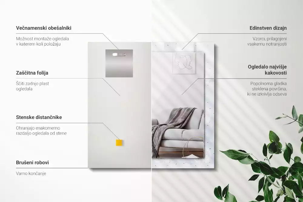 Oglindă dreptunghiulară cu ramă imprimată cu flori de păpădie