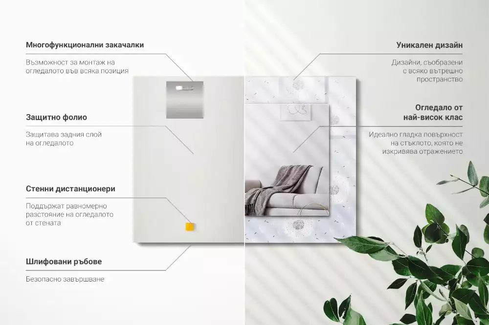 Oglindă dreptunghiulară cu ramă imprimată cu flori de păpădie