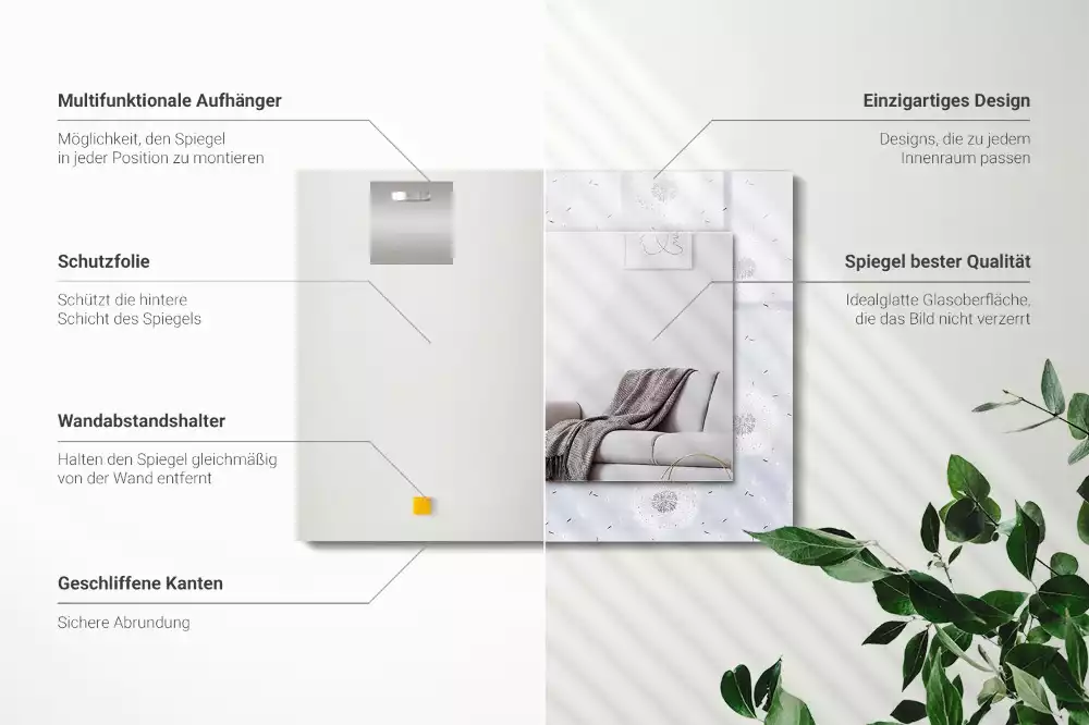 Oglindă dreptunghiulară cu ramă imprimată cu flori de păpădie
