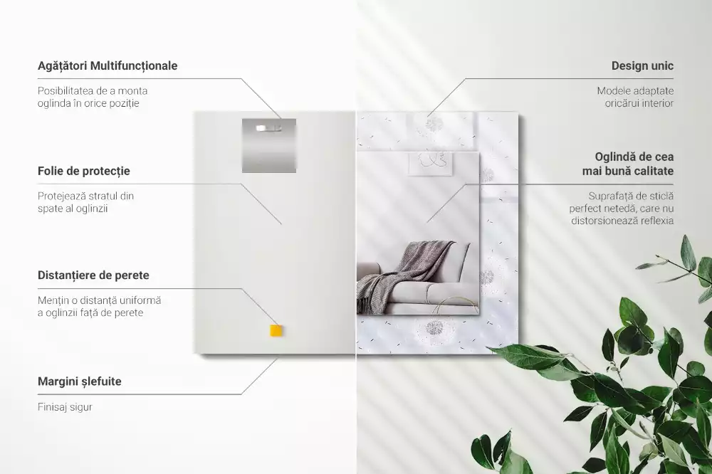 Oglindă dreptunghiulară cu ramă imprimată cu flori de păpădie