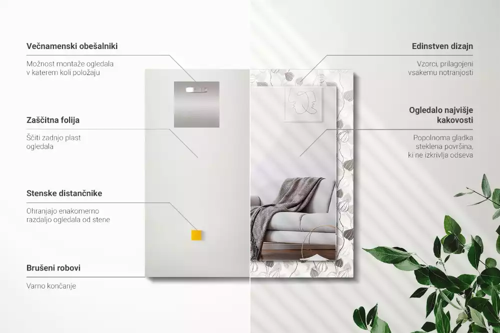 Oglindă dreptunghiulară cu decor în formă de frunze