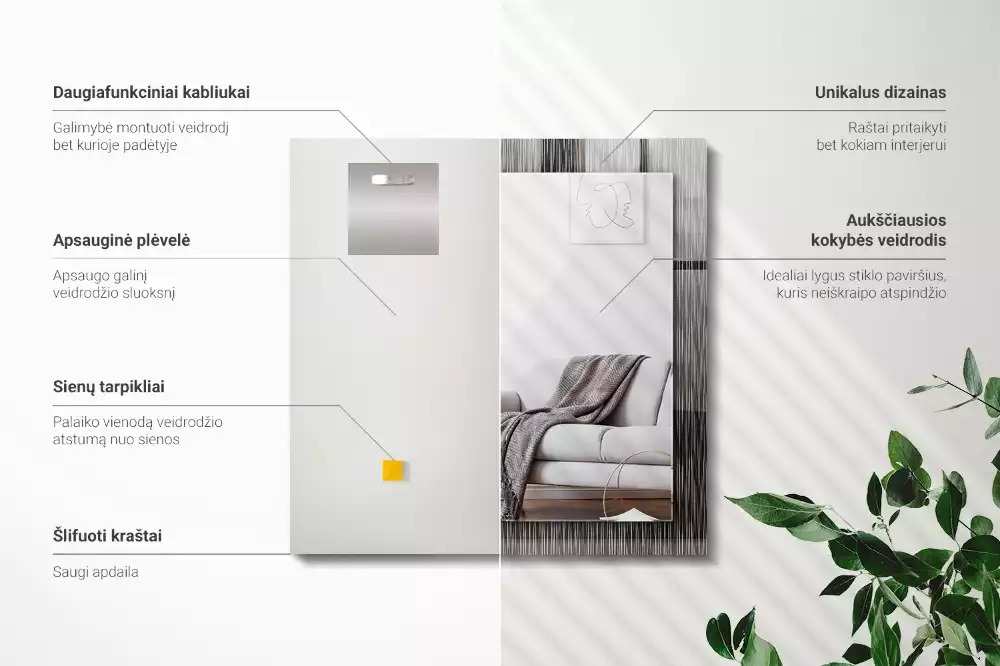 Oglindă dreptunghiulară decorativă cu linii moderne pentru perete