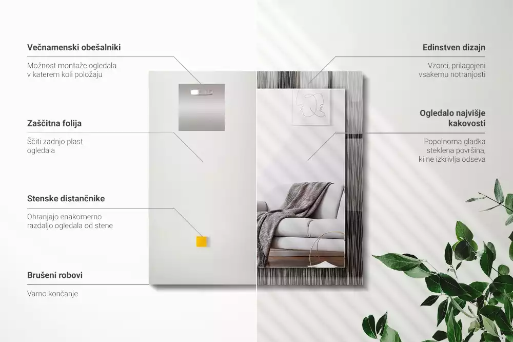 Oglindă dreptunghiulară decorativă cu linii moderne pentru perete