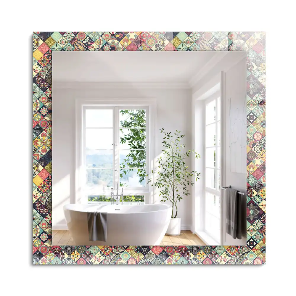Oglindă dreptunghiulară cu ramă imprimeu patchwork colorat