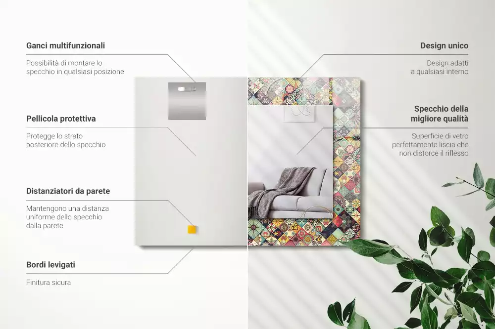 Oglindă dreptunghiulară cu ramă imprimeu patchwork colorat