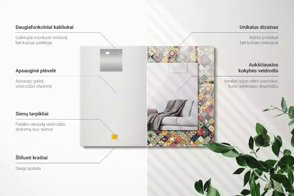Oglindă dreptunghiulară cu ramă imprimeu patchwork colorat