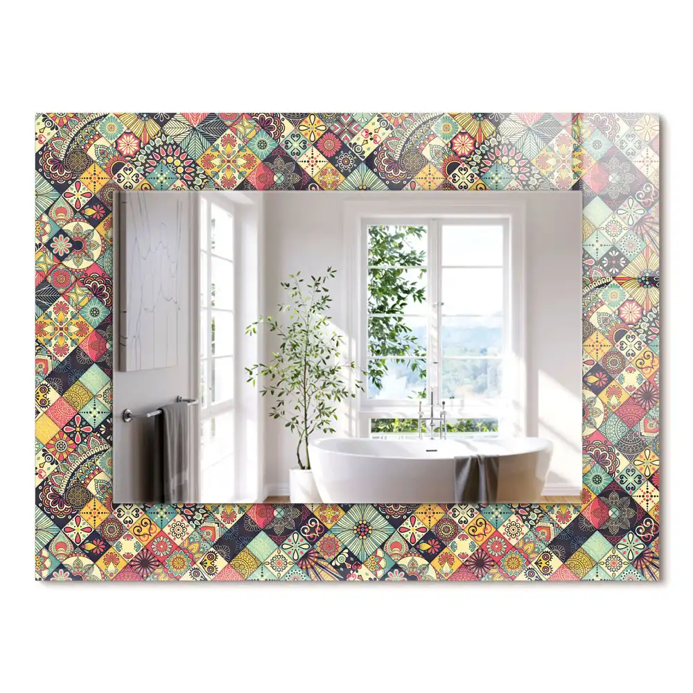 Oglindă dreptunghiulară cu ramă imprimeu patchwork colorat