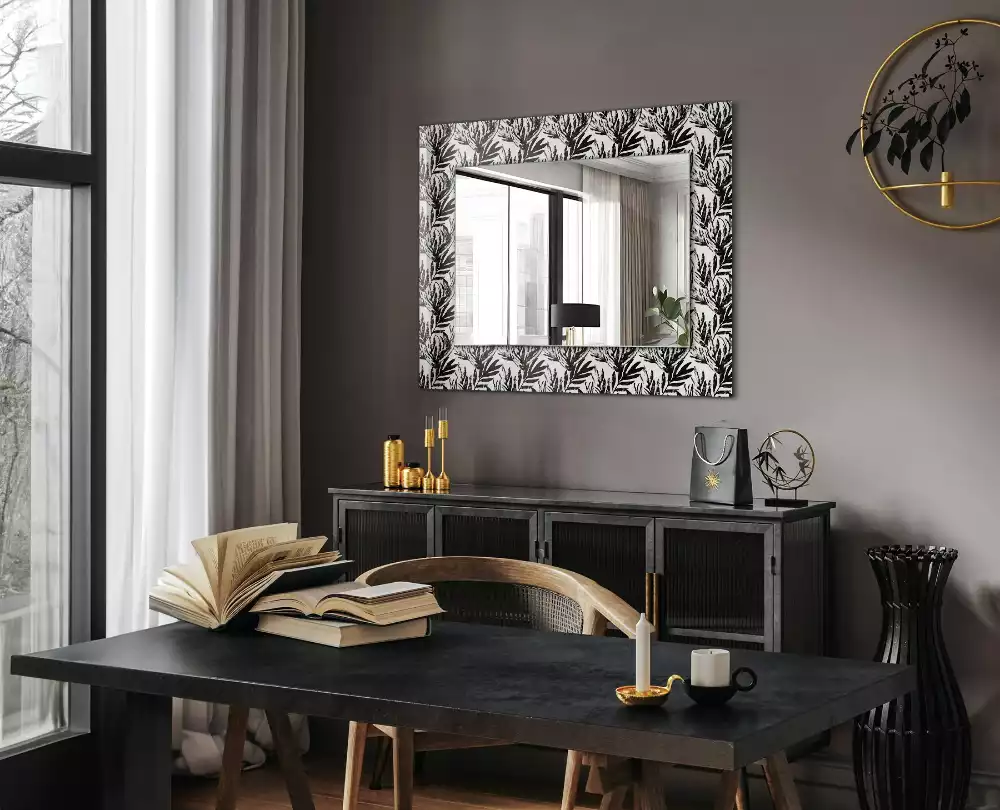 Oglindă dreptunghiulară cu decor de frunze albe și negre