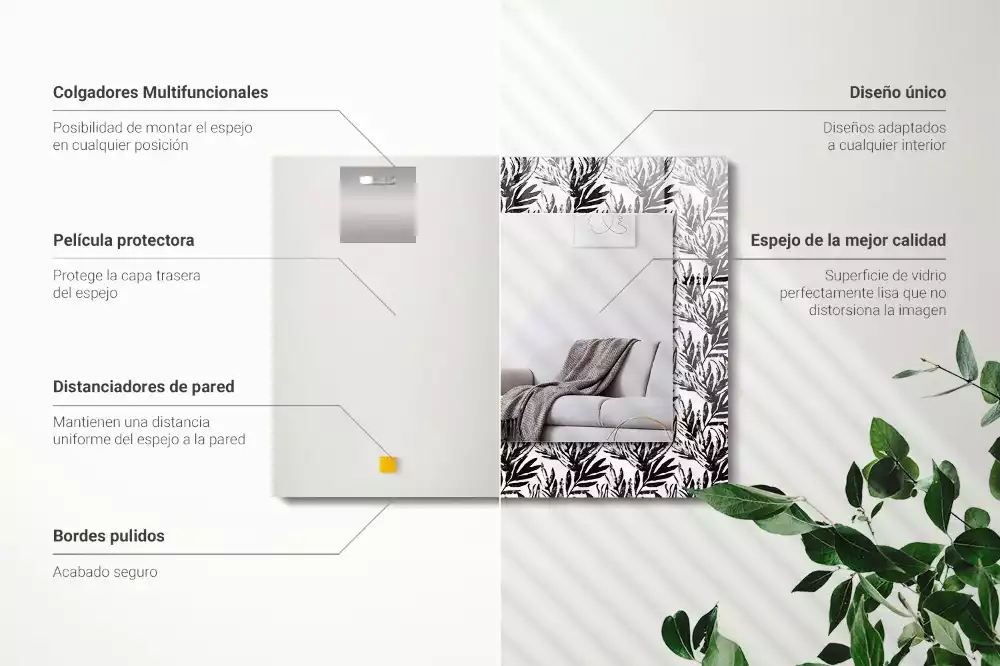 Oglindă dreptunghiulară cu decor de frunze albe și negre