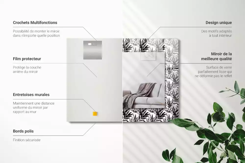 Oglindă dreptunghiulară cu decor de frunze albe și negre