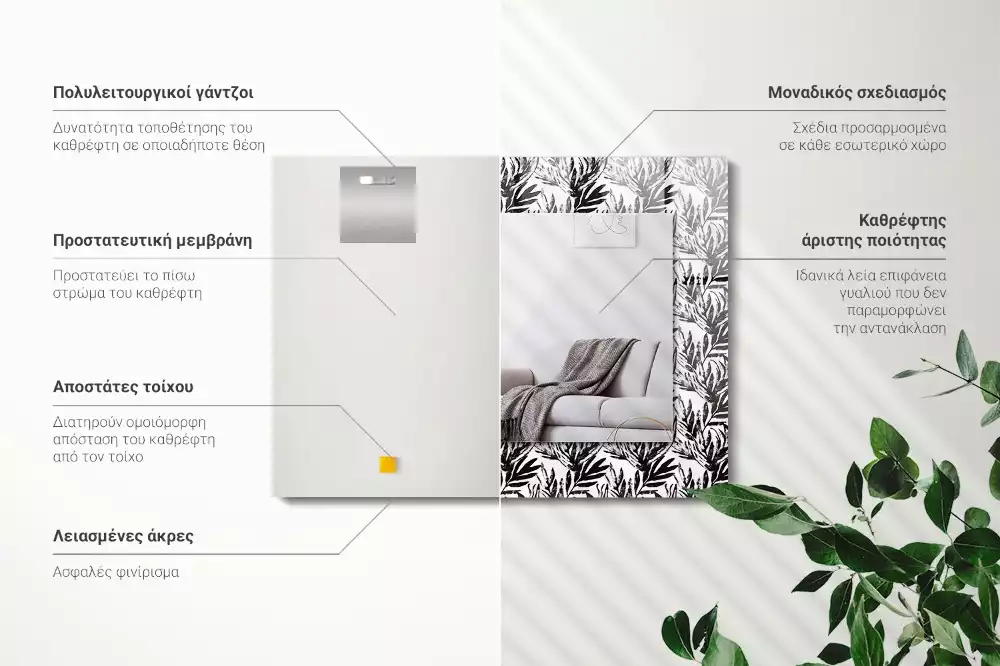 Oglindă dreptunghiulară cu decor de frunze albe și negre