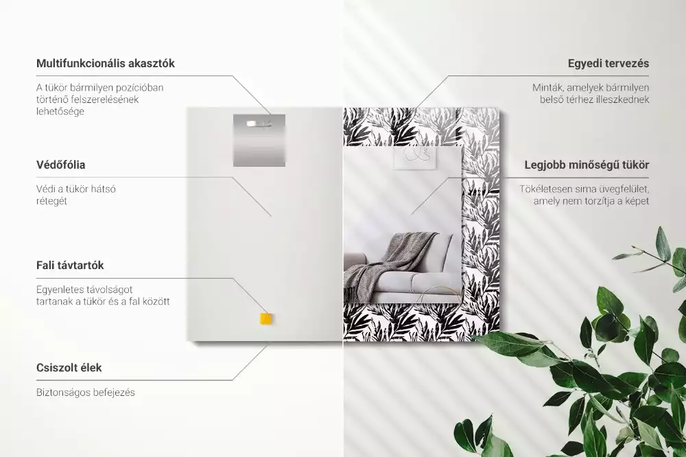 Oglindă dreptunghiulară cu decor de frunze albe și negre