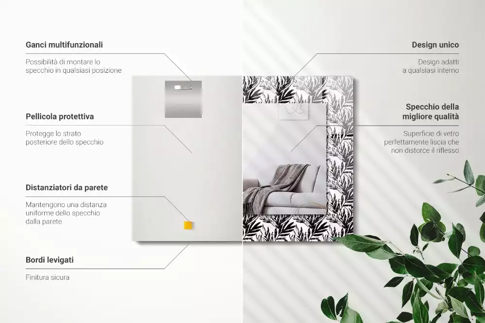 Oglindă dreptunghiulară cu decor de frunze albe și negre