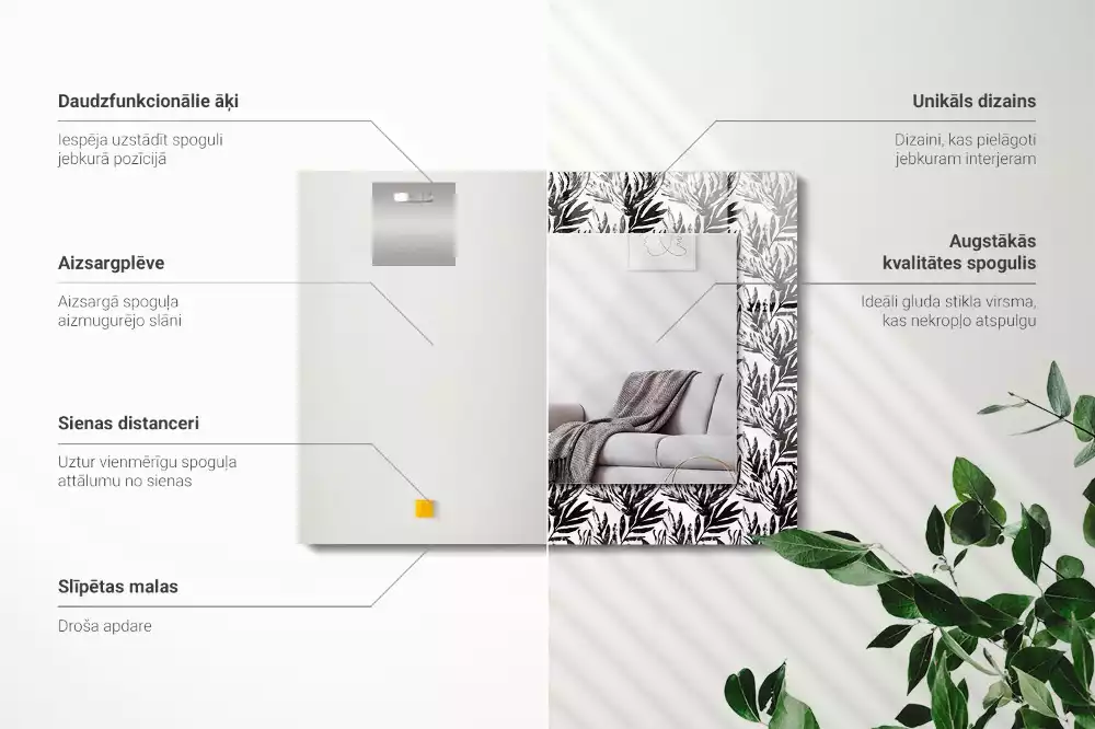 Oglindă dreptunghiulară cu decor de frunze albe și negre