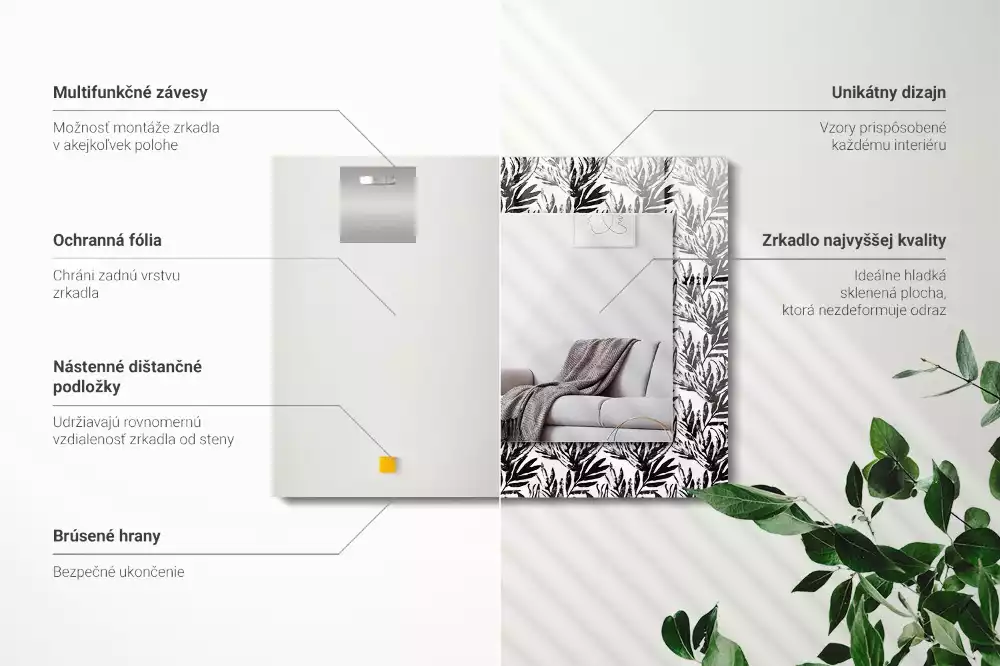 Oglindă dreptunghiulară cu decor de frunze albe și negre