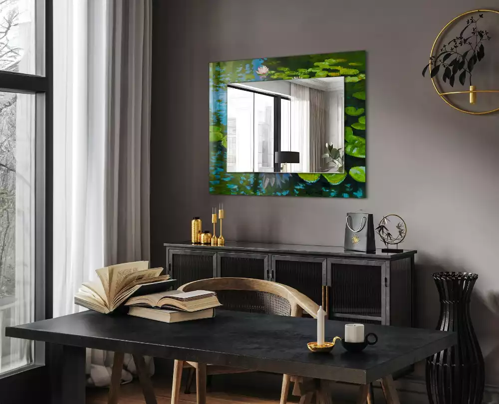 Oglindă decorativă de perete dreptunghiulară cu model iaz cu nuferi