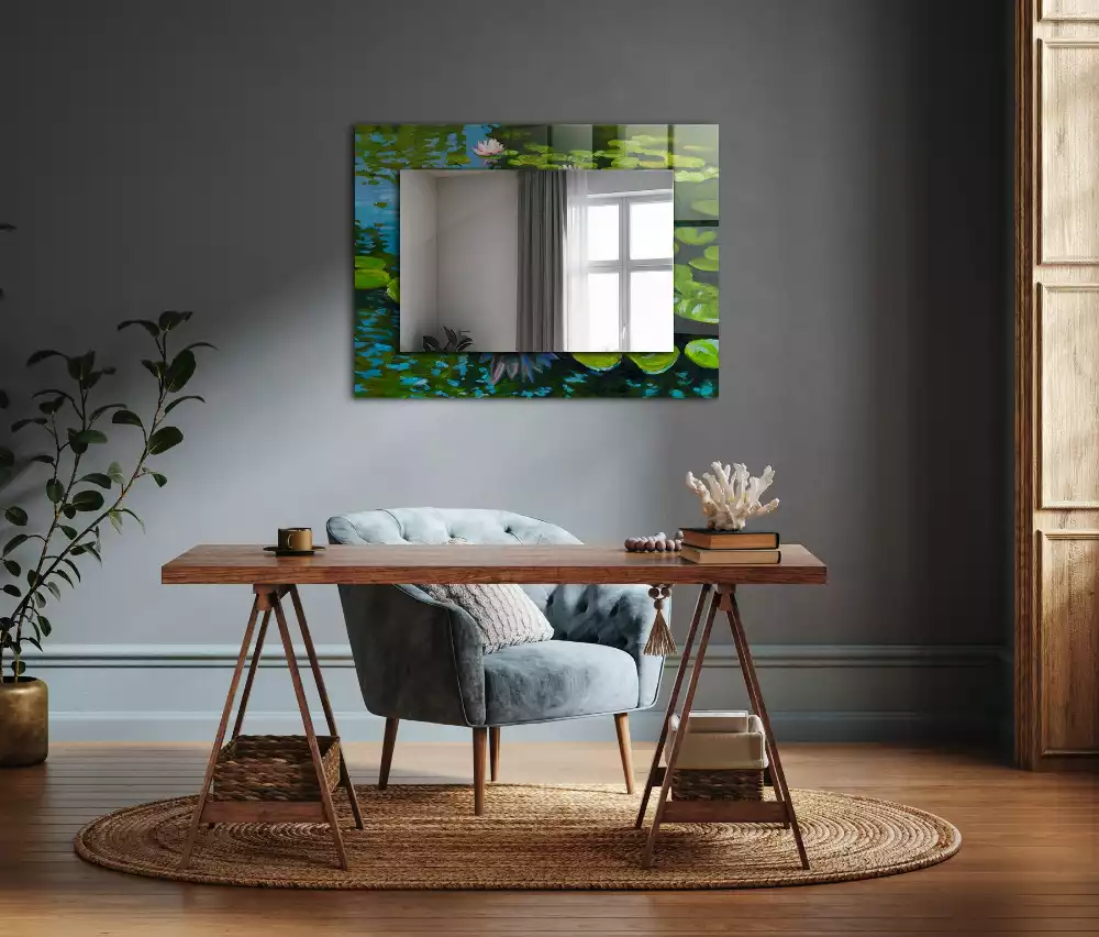 Oglindă decorativă de perete dreptunghiulară cu model iaz cu nuferi