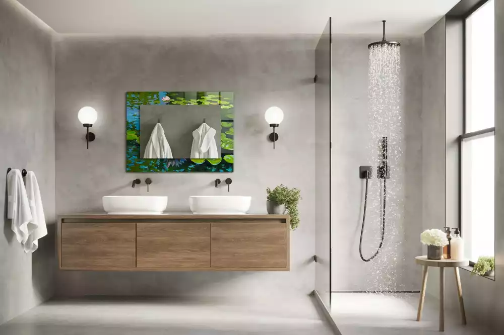 Oglindă decorativă de perete dreptunghiulară cu model iaz cu nuferi