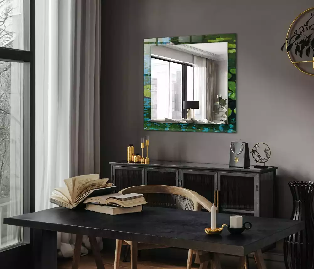 Oglindă decorativă de perete dreptunghiulară cu model iaz cu nuferi