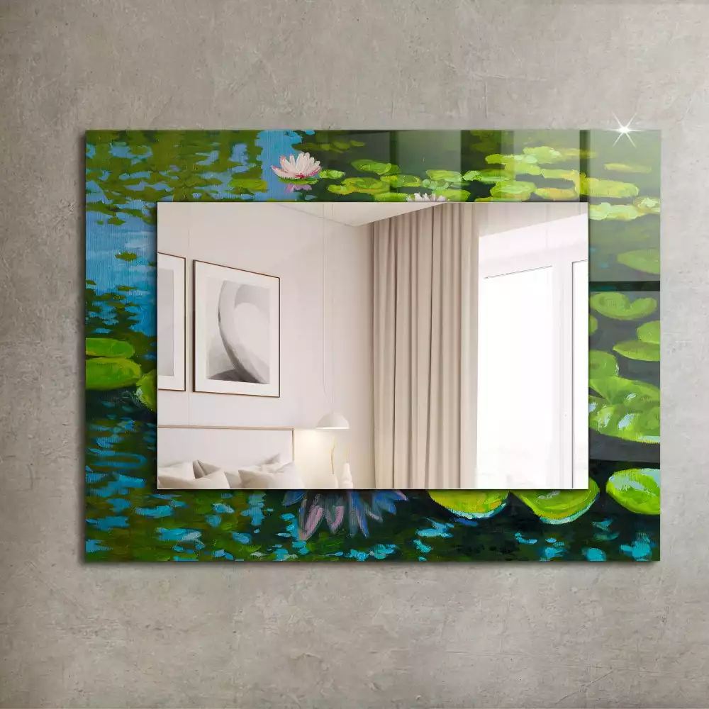 Oglindă decorativă de perete dreptunghiulară cu model iaz cu nuferi