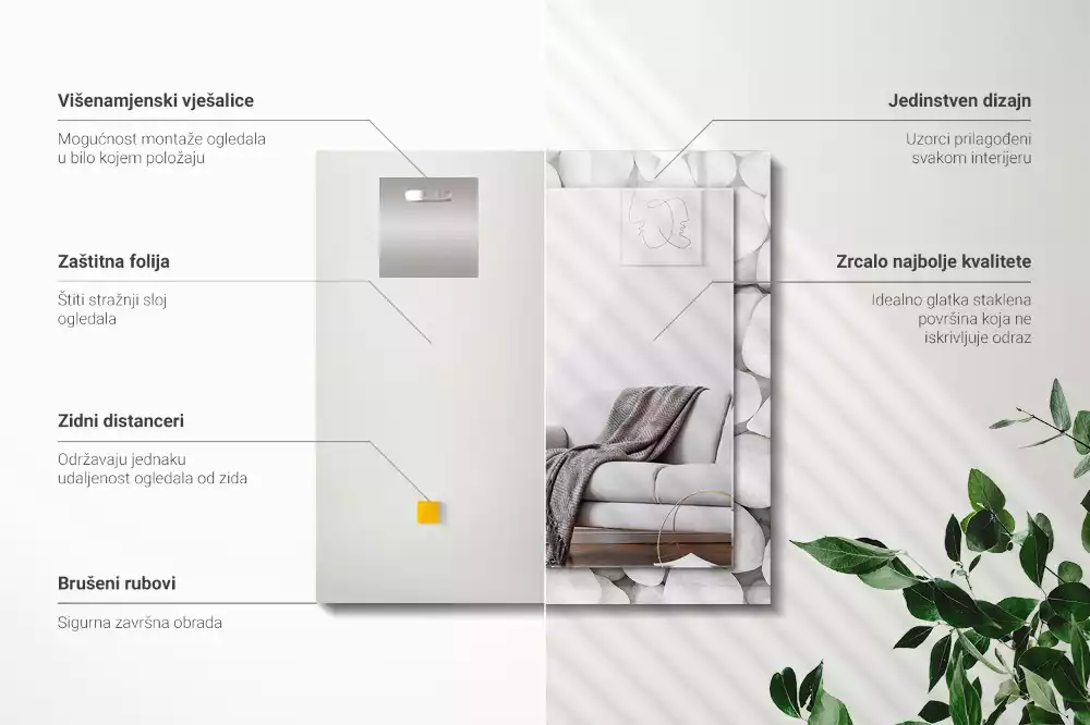 Oglindă dreptunghiulară cu ramă decorată cu pietre albe netede