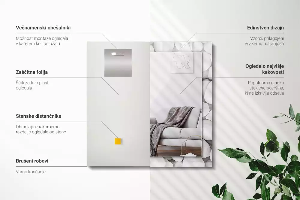 Oglindă dreptunghiulară cu ramă decorată cu pietre albe netede