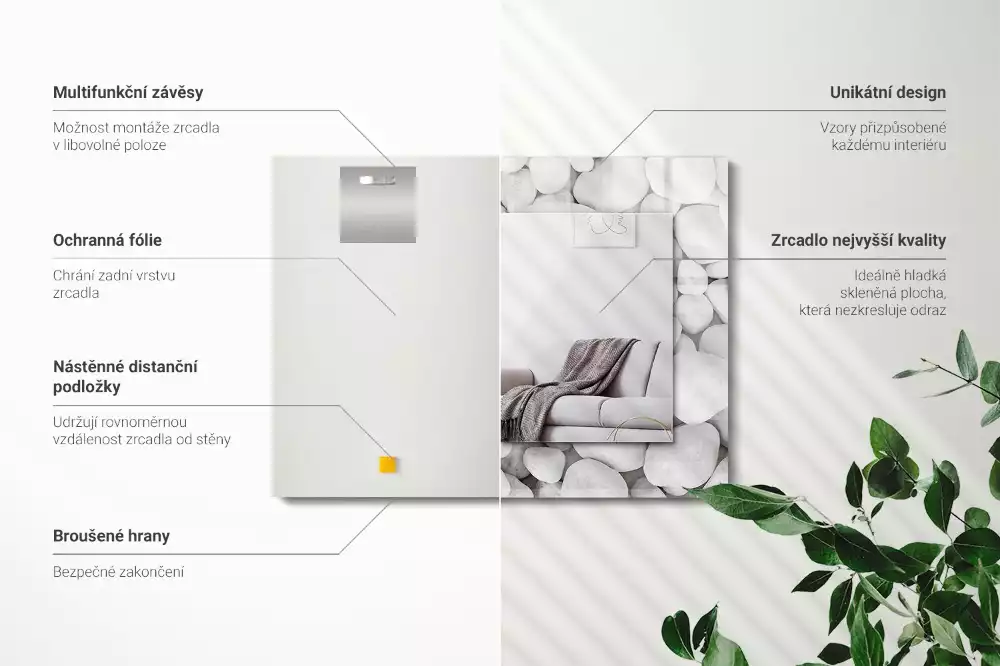 Oglindă dreptunghiulară cu ramă decorată cu pietre albe netede