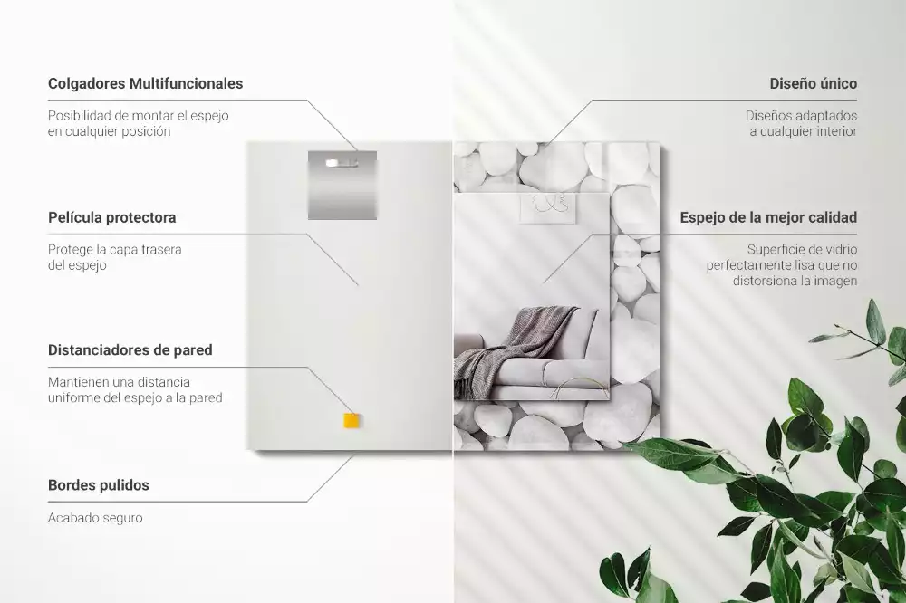 Oglindă dreptunghiulară cu ramă decorată cu pietre albe netede