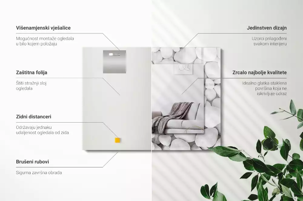 Oglindă dreptunghiulară cu ramă decorată cu pietre albe netede