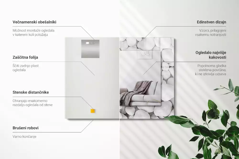 Oglindă dreptunghiulară cu ramă decorată cu pietre albe netede