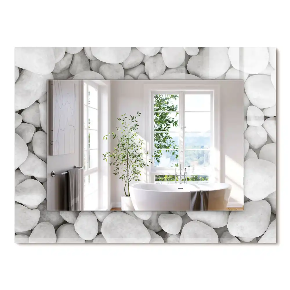 Oglindă dreptunghiulară cu ramă decorată cu pietre albe netede