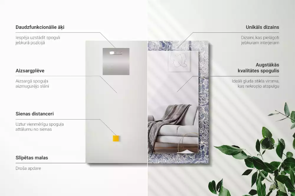 Oglindă dreptunghiulară cu imprimeu floral pe țesătură