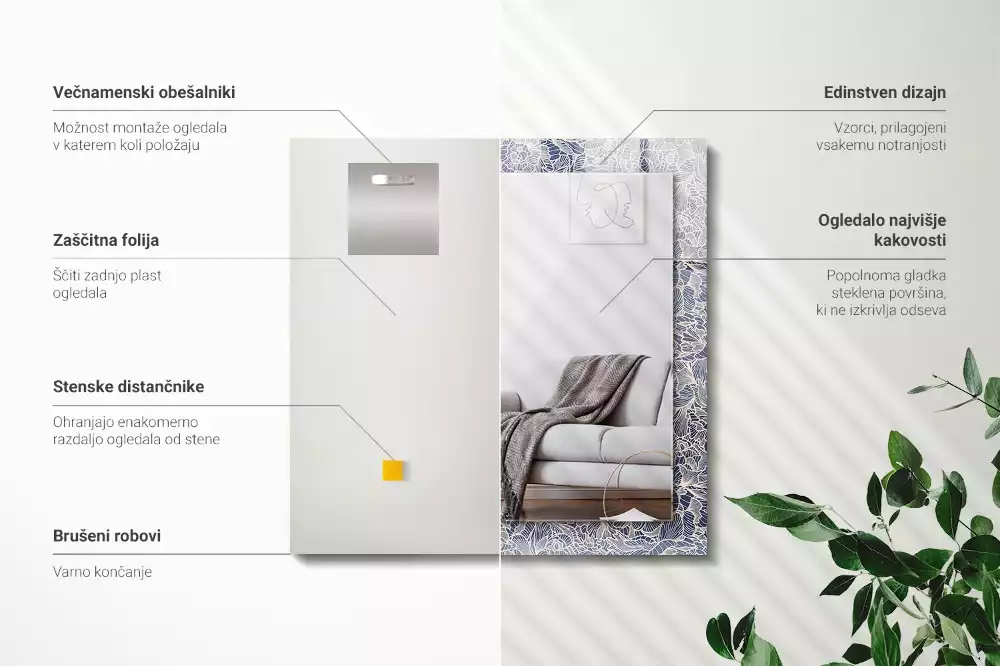 Oglindă dreptunghiulară cu imprimeu floral pe țesătură