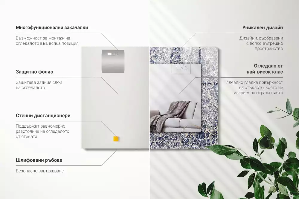 Oglindă dreptunghiulară cu imprimeu floral pe țesătură