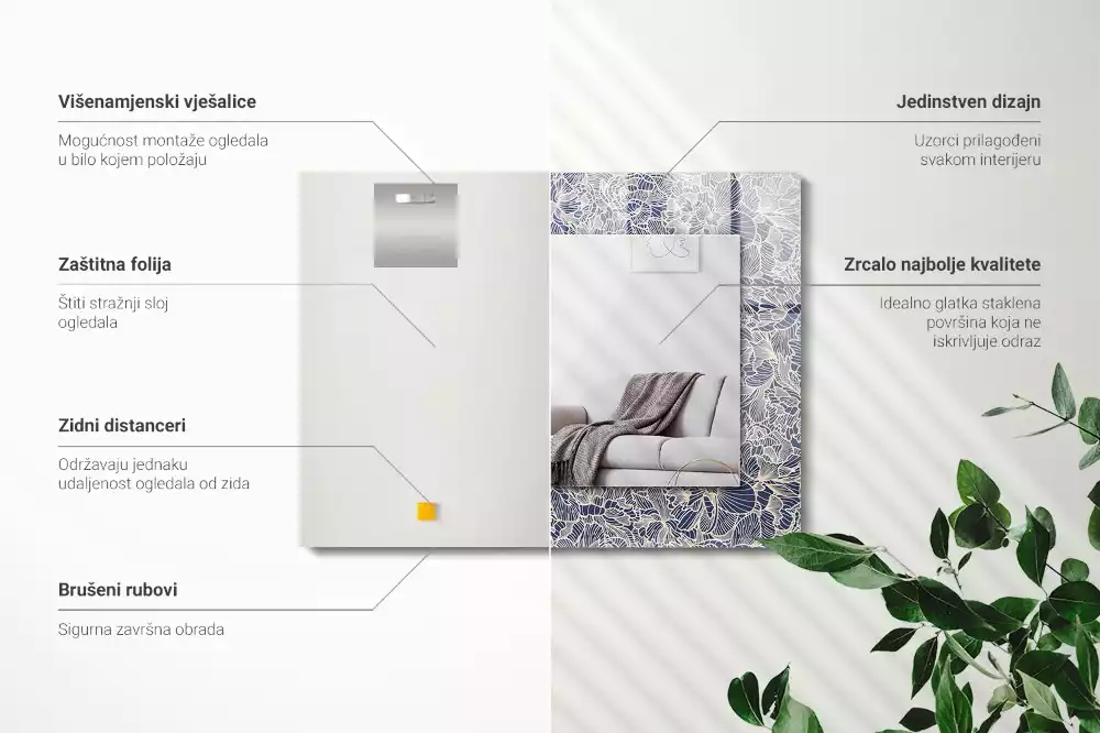 Oglindă dreptunghiulară cu imprimeu floral pe țesătură