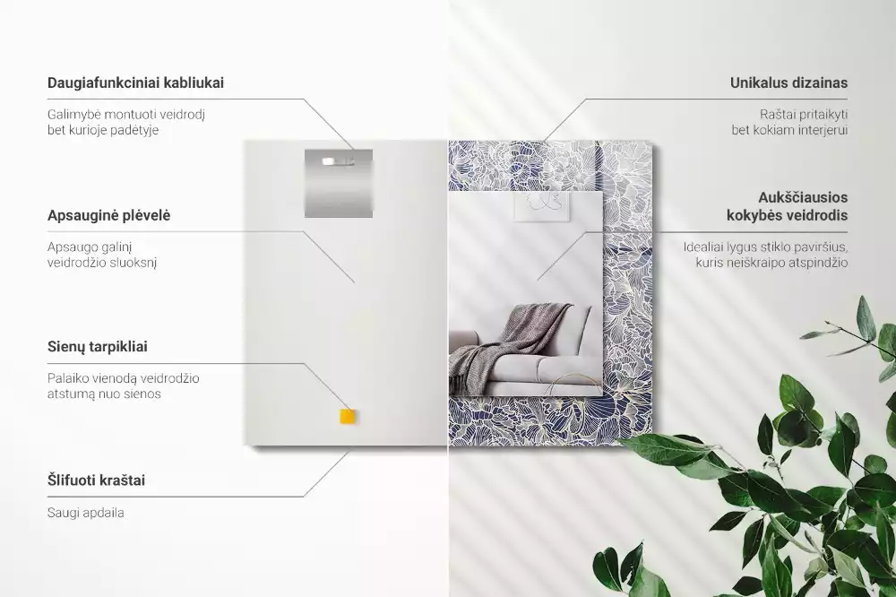 Oglindă dreptunghiulară cu imprimeu floral pe țesătură
