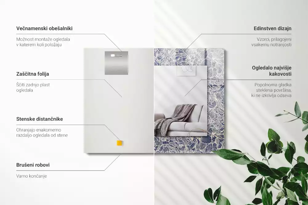 Oglindă dreptunghiulară cu imprimeu floral pe țesătură