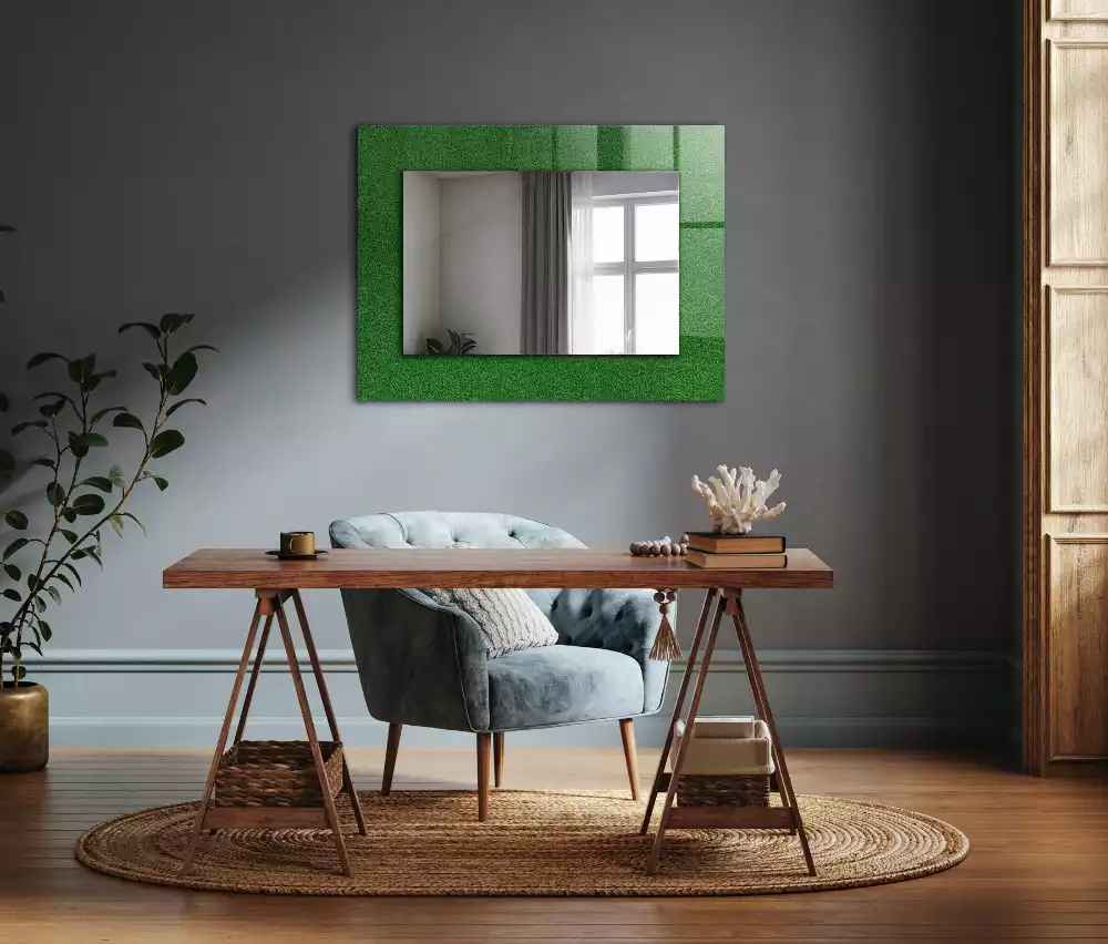 Oglindă dreptunghiulară cu ramă imprimată cu model iarbă verde