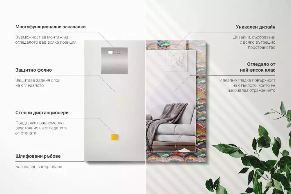 Oglindă decorativă de perete dreptunghiulară cu model valuri de arcuri colorate