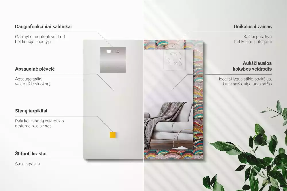 Oglindă decorativă de perete dreptunghiulară cu model valuri de arcuri colorate