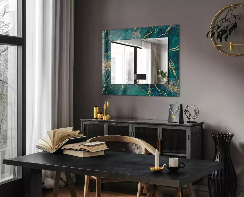 Oglindă decorativă dreptunghiulară cu ramă din marmură verde