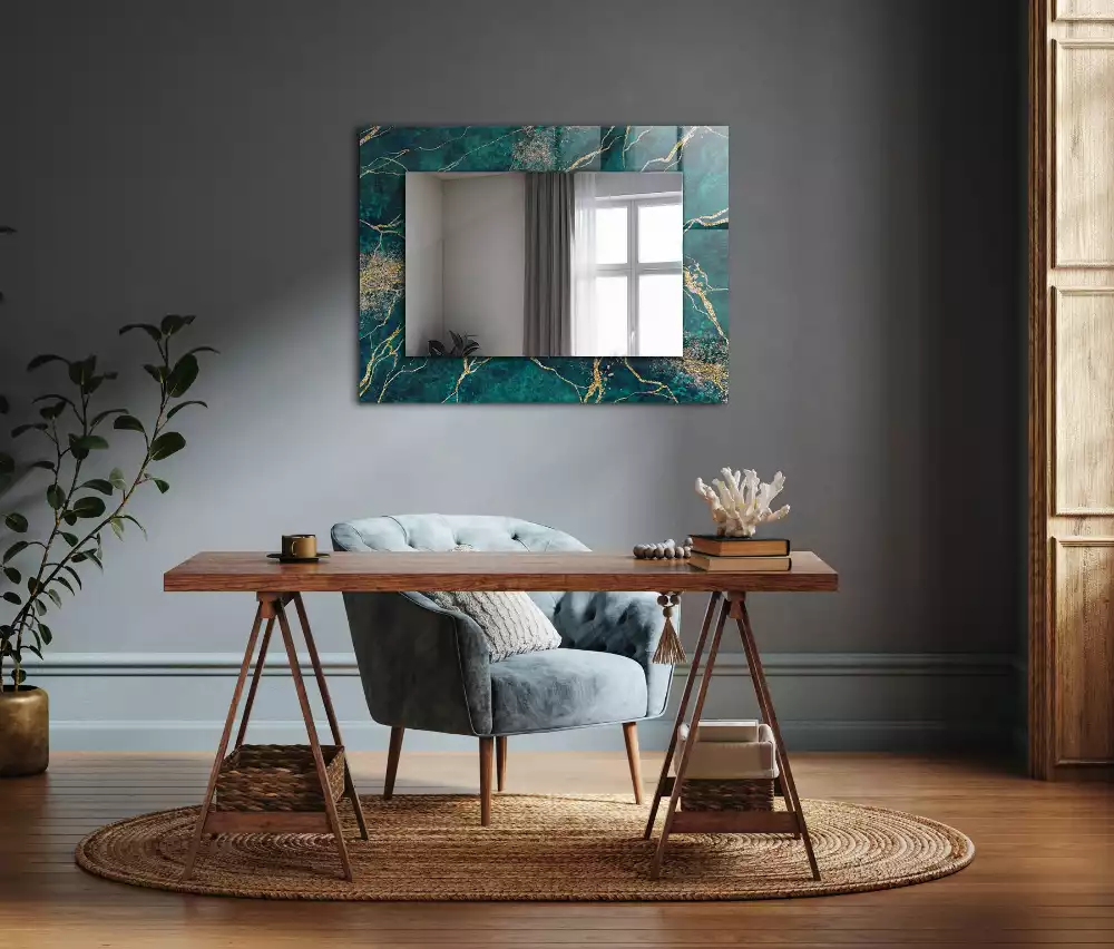 Oglindă decorativă dreptunghiulară cu ramă din marmură verde