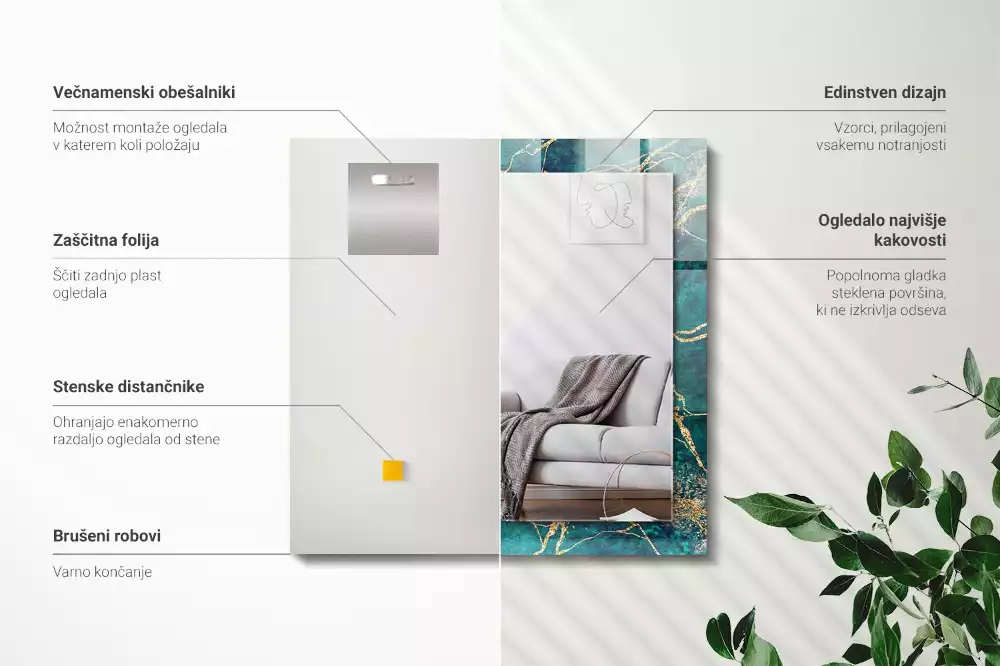 Oglindă decorativă dreptunghiulară cu ramă din marmură verde