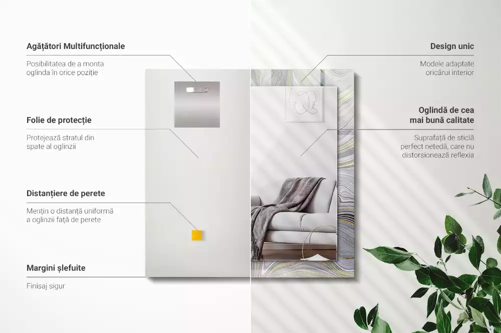 Oglindă dreptunghiulară cu imprimeu abstract de marmură