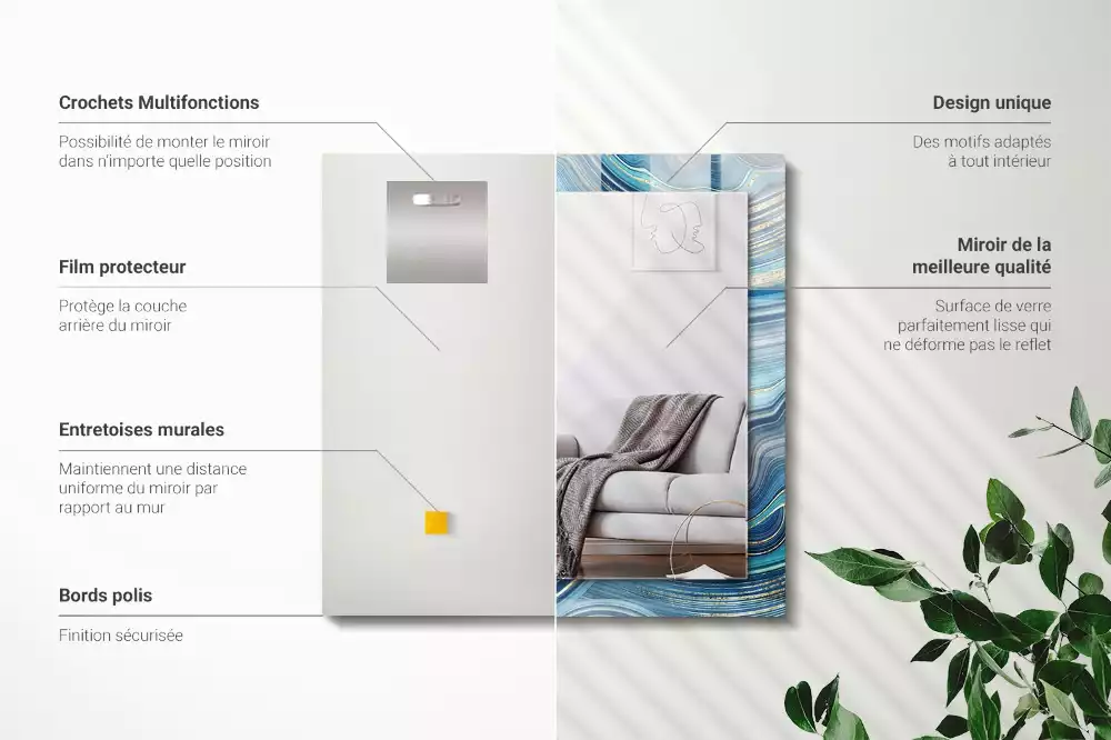 Oglindă dreptunghiulară cu ramă imprimată cu valuri albastre abstracte