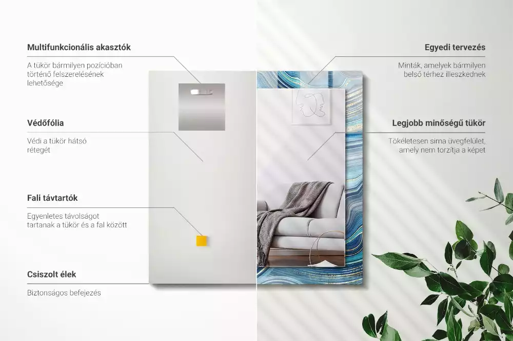 Oglindă dreptunghiulară cu ramă imprimată cu valuri albastre abstracte