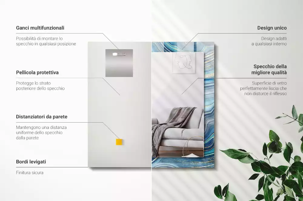 Oglindă dreptunghiulară cu ramă imprimată cu valuri albastre abstracte